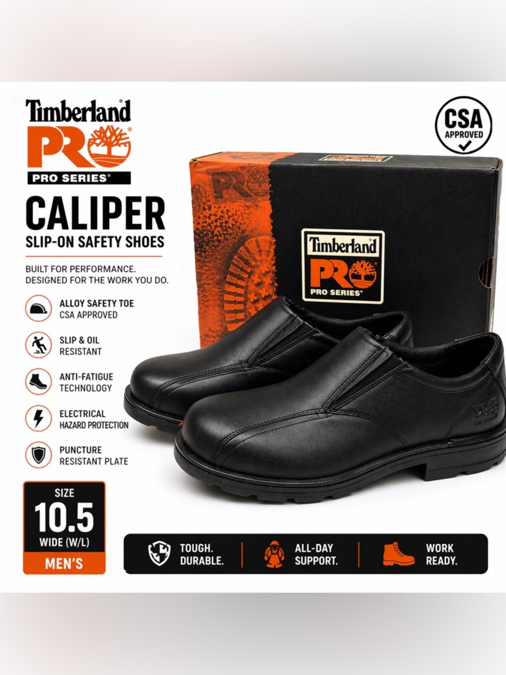 Timberland PRO Caliper Slip-On Safety Shoes Men’s 10.5 Black Steel Toe Work NEW